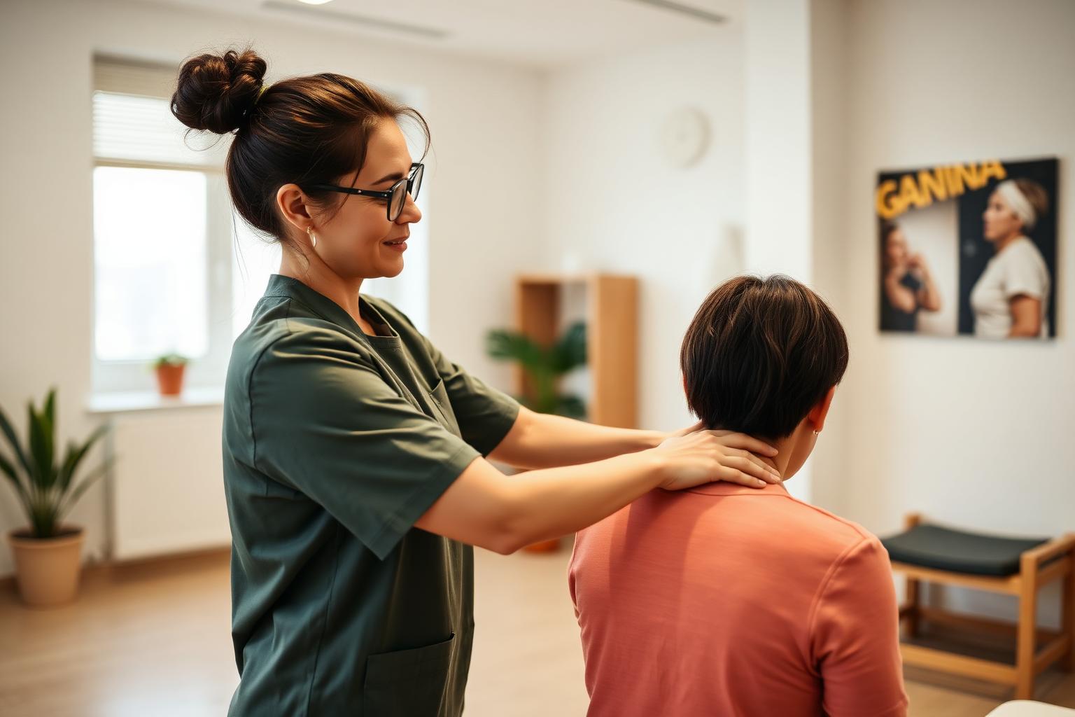 Fisioterapeuta tratando a paciente en clínica luminosa